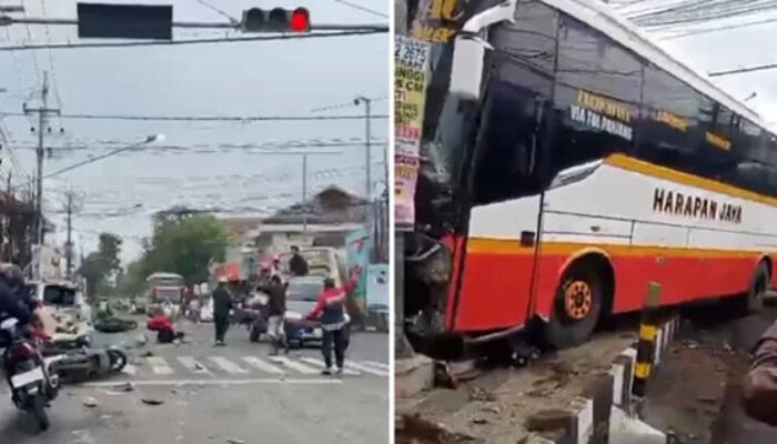 Ngeblong di Simpang Padat, Bus Harapan Jaya Hantam Mobil, Motor, hingga Rumah Warga