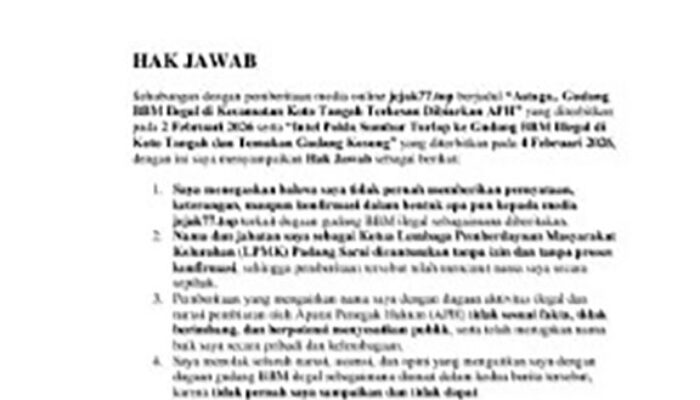 Hak Jawab Dimuat, Kredibilitas Pemberitaan Jejak77.top Dipertanyakan