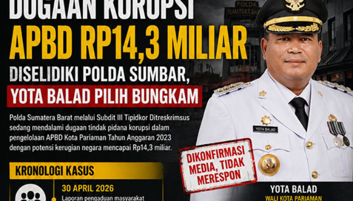 Dugaan Korupsi APBD Rp14,3 Miliar Diselidiki Polda Sumbar, Yota Balad Pilih Bungkam
