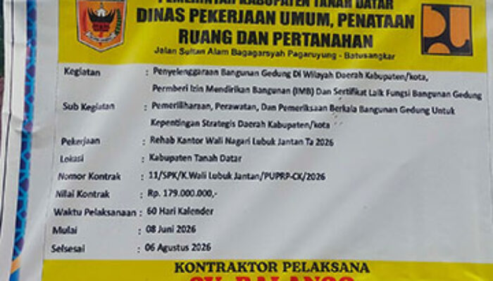 Progres Baru Ditaksir 20 Persen, Proyek Aula Kantor Wali Nagari Lubuk Jantan Masih Progres Mangkrak