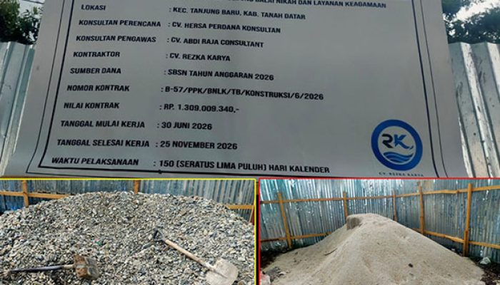 Proyek Balai Nikah KUA Tanjung Baru Rp1,3 Miliar Diduga Gunakan Material Tak Sesuai Spesifikasi